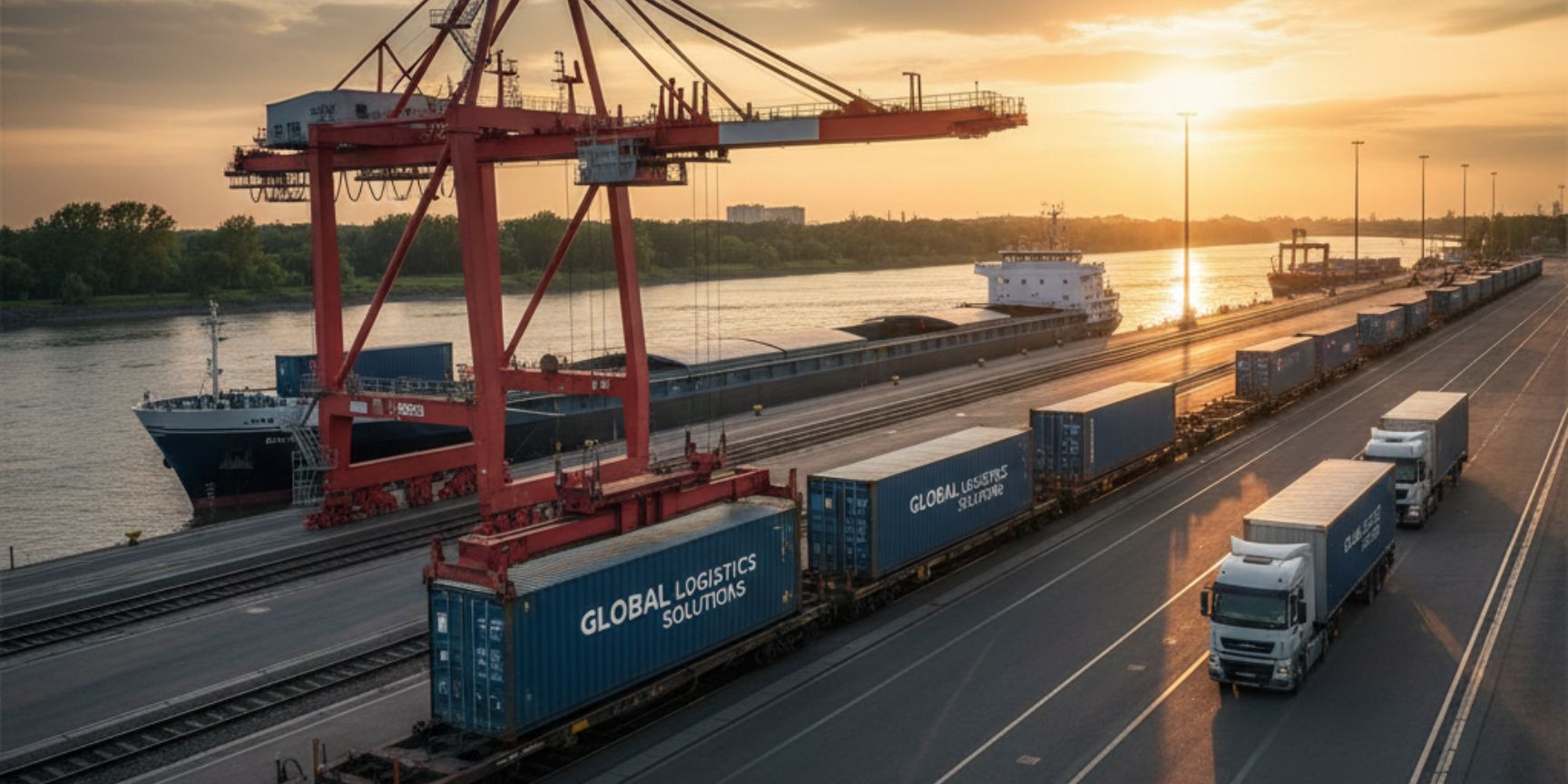 Port container terminal at sunset with a red crane handling containers between a cargo ship, a freight train and a truck, symbolizing intermodal transport.